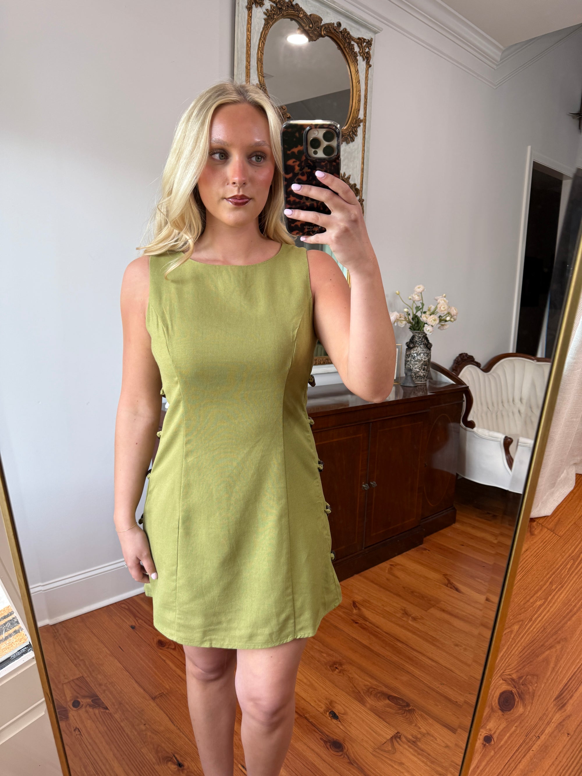 Olive Beaded Mini Dress