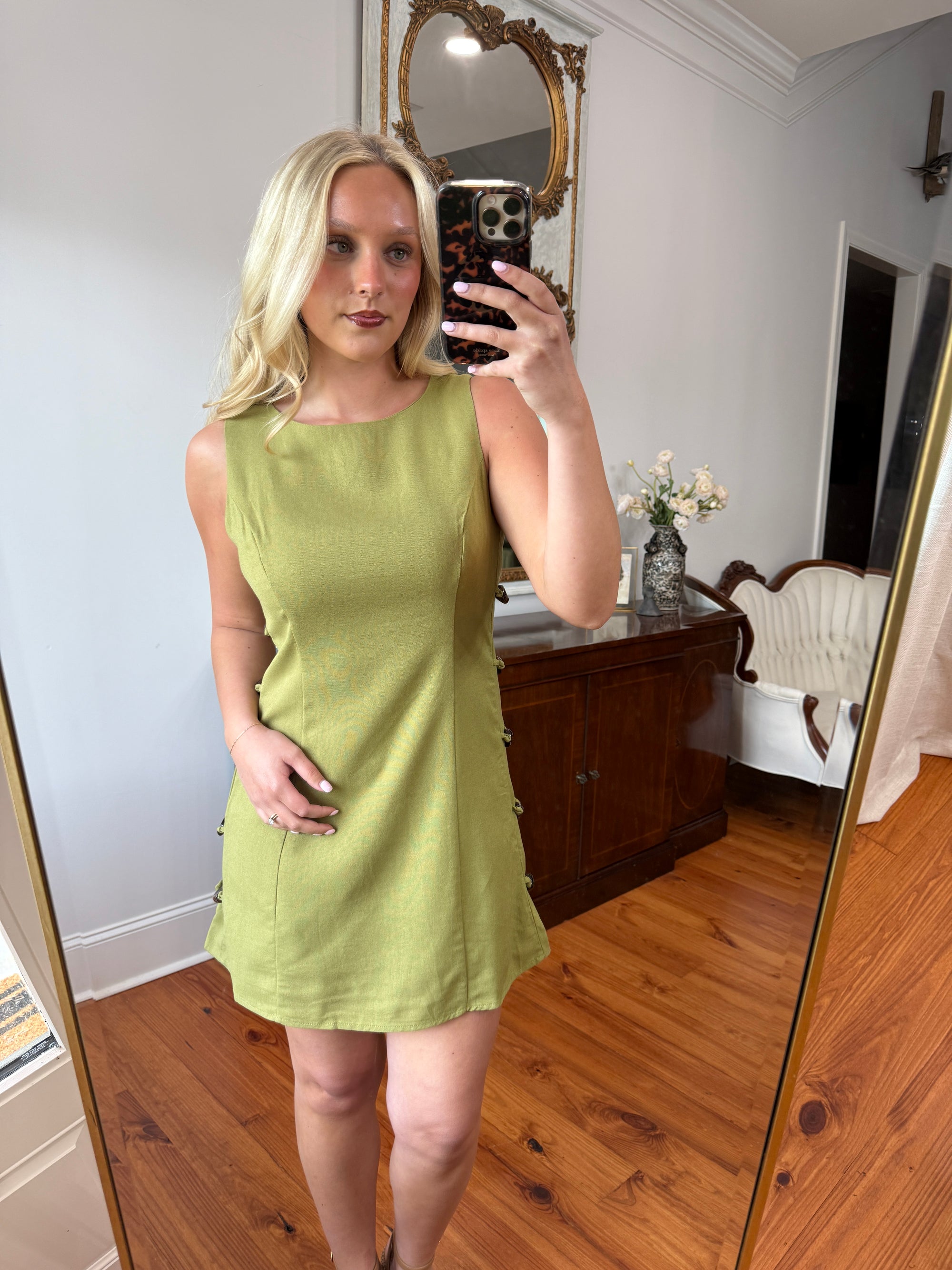 Olive Beaded Mini Dress
