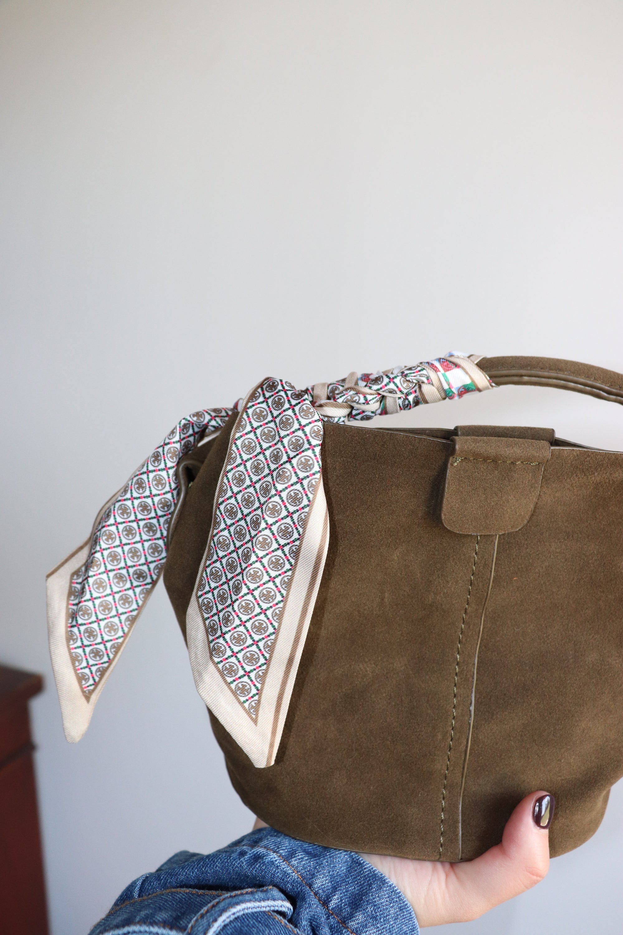 Odette Bucket Bag - Olive Suede