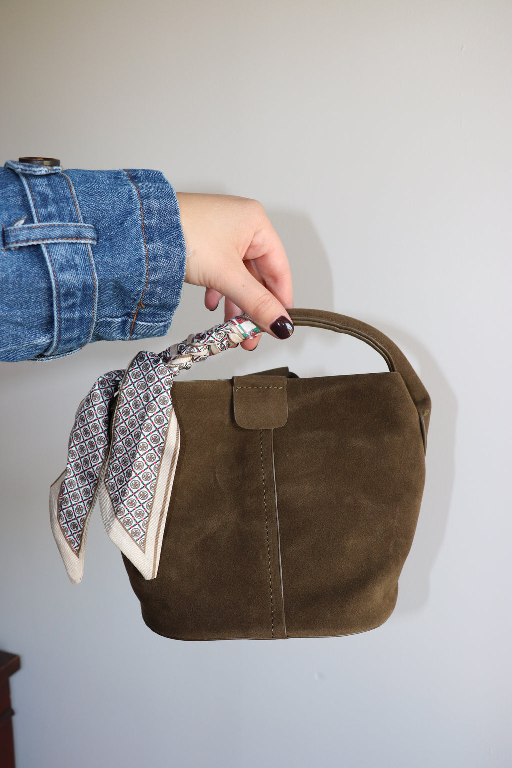 Odette Bucket Bag - Olive Suede