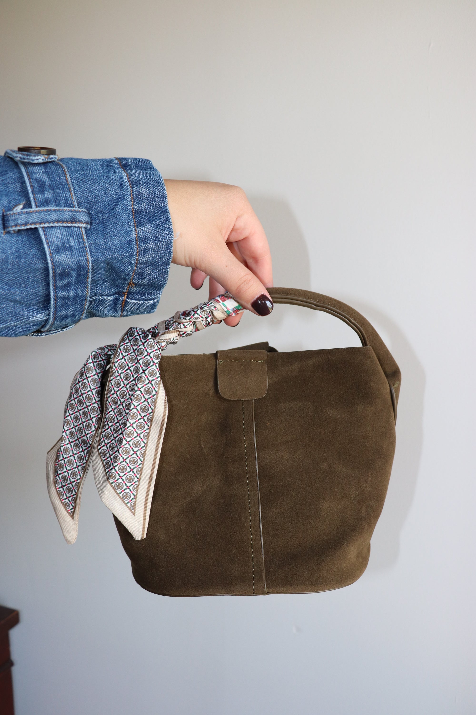 Odette Bucket Bag - Olive Suede